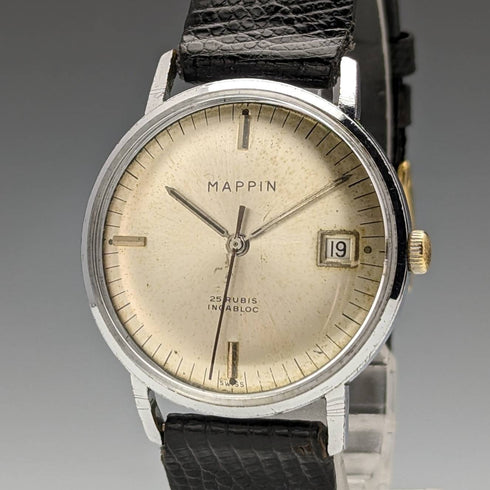 英国ヴィンテージ MAPPIN 自動巻き腕時計 3針カレンダー メタルケース 動作良好